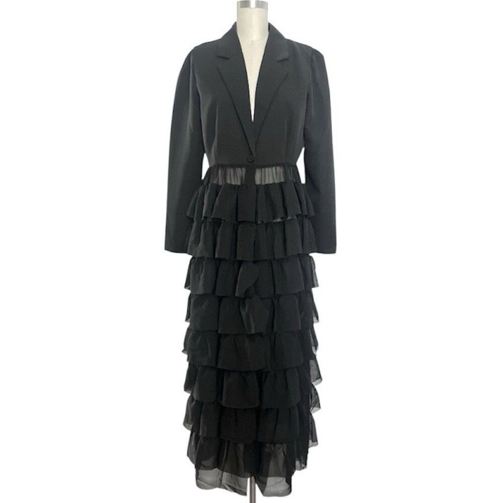 Sz M Black Blazer Jacket Maxi Skirt Chiffon Ruffles Whimsigoth Dark Academia